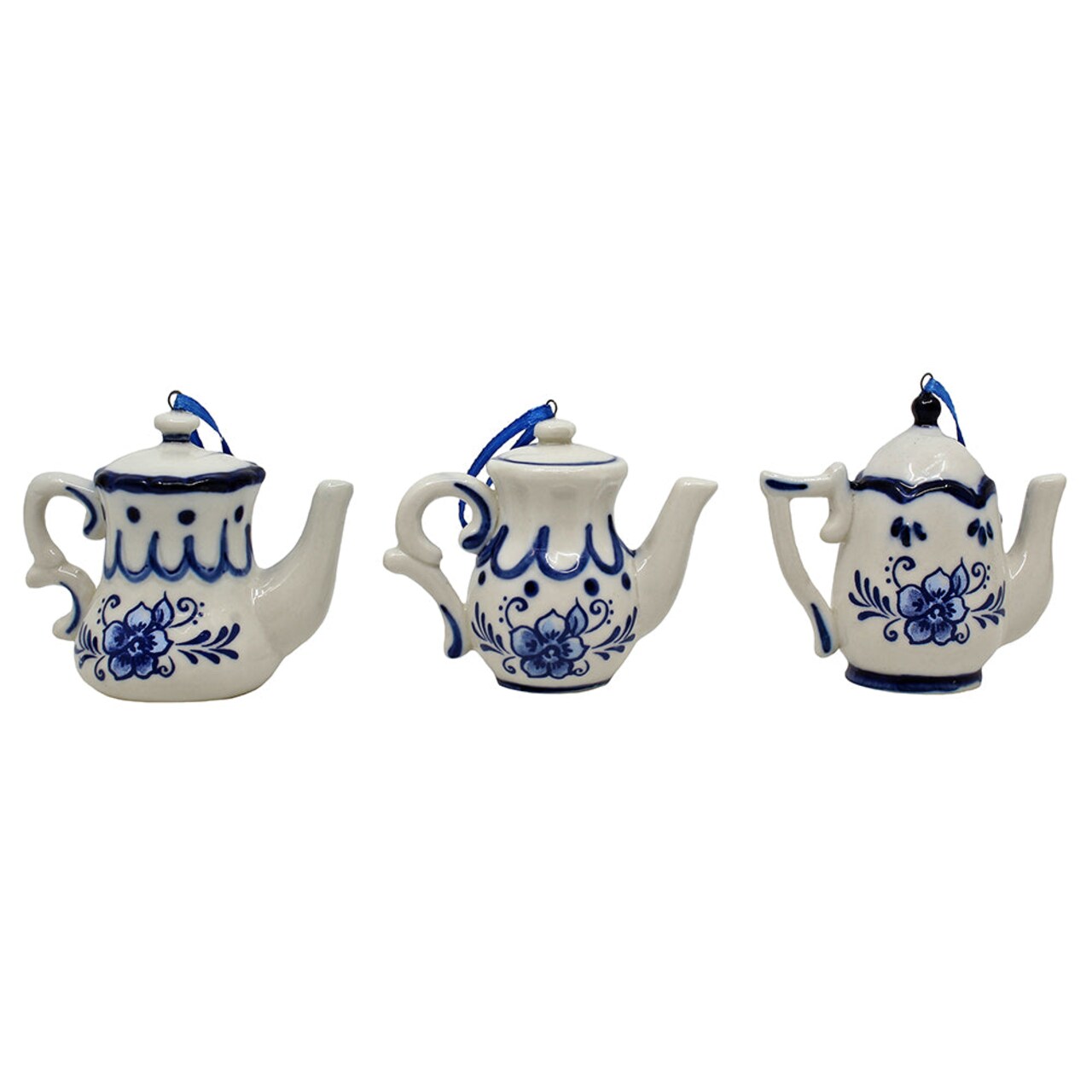 2.38" - 2.56" Delft Blue Teapot Ornaments – Set of 3 Assorted Porcelain Christmas Decorations